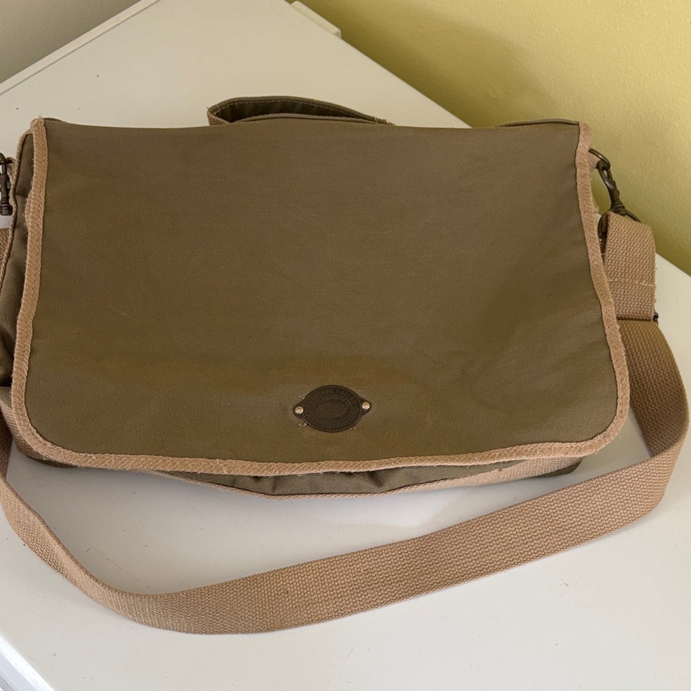 The Napa Valley Company Olive and Tan Canvas Crossbody Messenger Bag